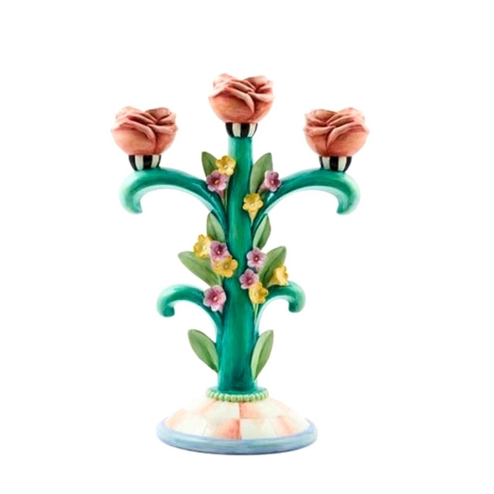 New MacKenzie-Childs Rosy Meadow Candelabra in Original Box Chic Home Decor